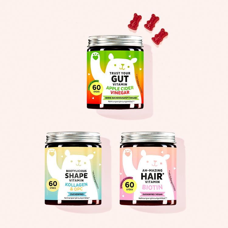 3er Set "Spring Beauty Bundle" bestehend aus Ah-mazing Hair Vitamins mit Biotin, den Trust Your Gut Vitamins mit Apfelessig und den Bootylicious Shape Vitamins mit Kollagen und OPC von Bears with Benefits