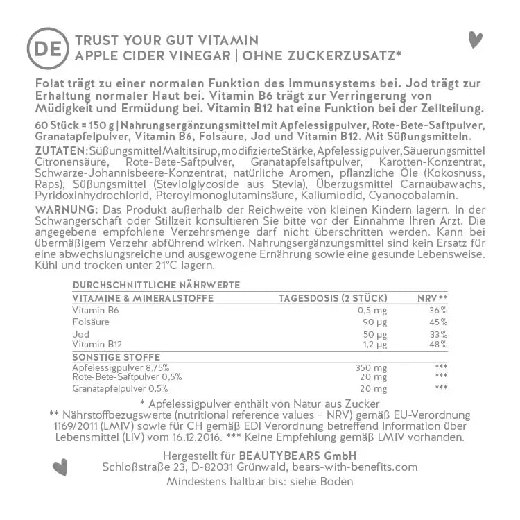 Hier ist das Etikett der Trust Your Gut Vitamin Bärchen mit Apfelessigpulver abgebildet. Darauf stehen die Zutatenliste sowie die Nährwertangaben des Produkts.