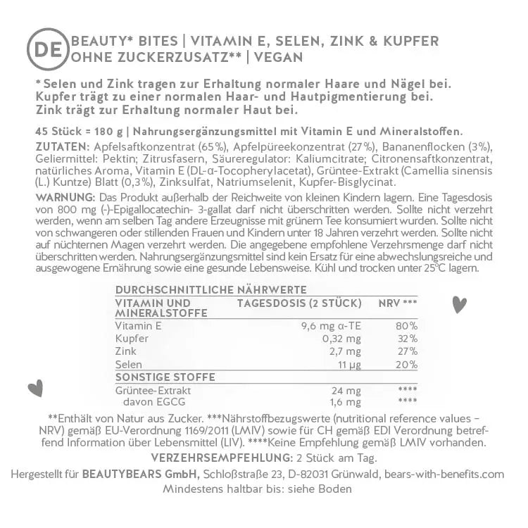 Hier ist das Etikett der Beauty Bites Bärchen mit Vitamin E, Selen, Zink und Kupfer abgebildet. Darauf stehen die Zutatenliste sowie die Nährwertangaben des Produkts.