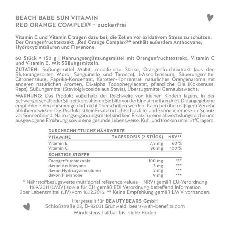 Hier ist das Etikett der Beach Babe Sun Vitamin Bärchen mit Red Orange Complex abgebildet. Darauf stehen die Zutatenliste sowie die Nährwertangaben des Produkts.