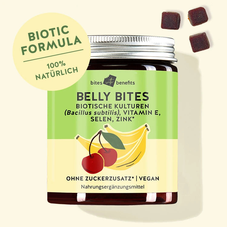 Auf diesem Bild ist eine Dose Belly Bites mit biotischen Kulturen für das Immunsystem abgebildet. Das Produkt ist von Bears with Benefits.