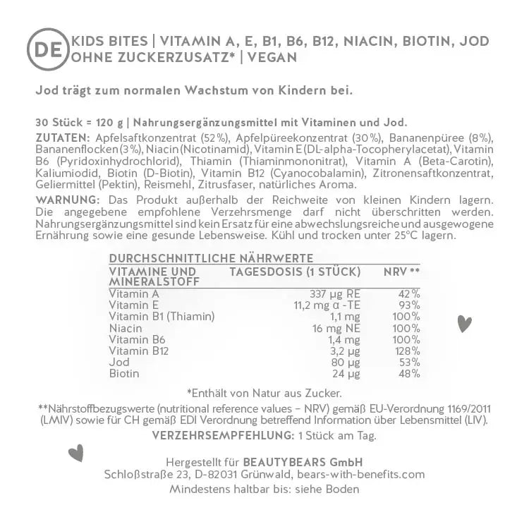 Auf diesem Bild ist das Label von Bears with Benefits Kids Bites Multivitamin-Komplex abgebildet. 