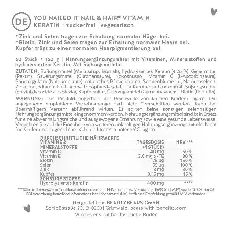 Hier sehen Sie die Rückseite der Verpackung von You Nailed it Nail & Hair with Keratin. Es werden die Nährwertangaben und die Liste der Produktbestandteile gezeigt.