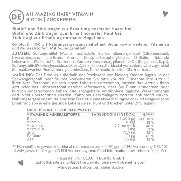 Liste der kompletten Inhaltsstoffe von unserem Produkt Ah Mazing Hair. Gummibärchen mit Biotin für die Haare. 