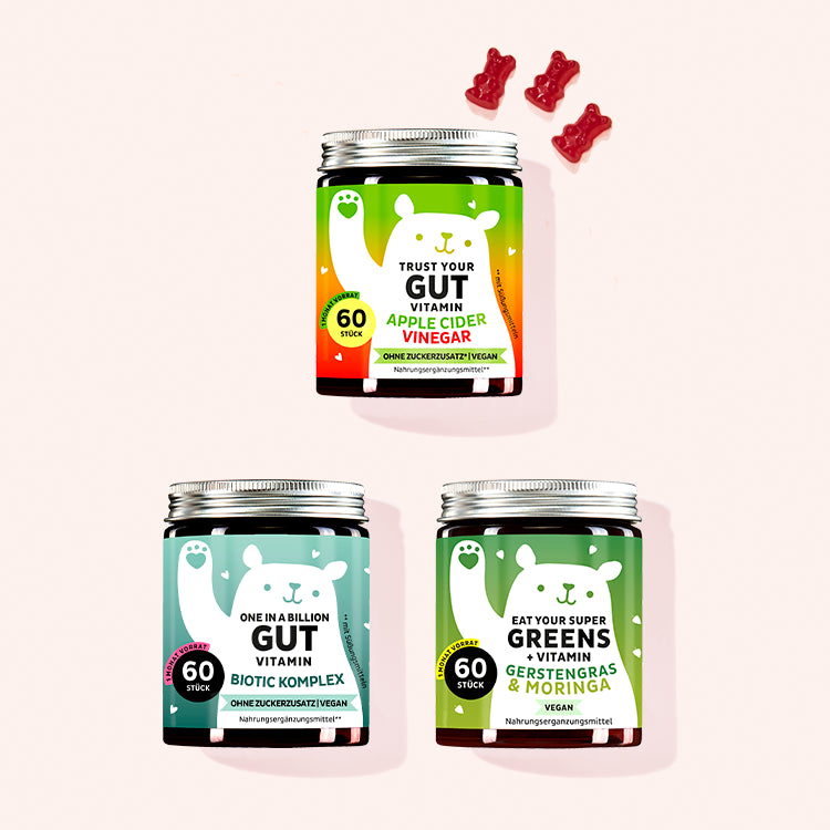 3er Set “Grüner Stoffwechsel Trio” bestehend aus den Trust your Gut Vitamins mit Apfelessig, den One in a Billion Gut Vitamins mit Bacillus coagulans und Inulin und den Eat your Super Greens mit Gerstengras, Moringa & 6 weiteren Greens von Bears with Benefits.