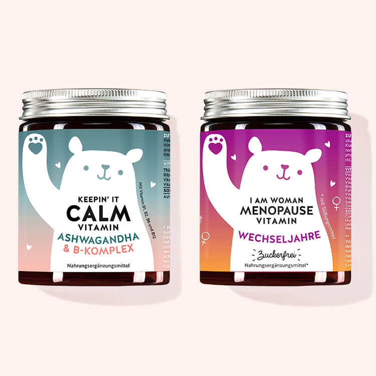 2er Set "Calm & Pause" bestehend aus den Keepin' it Calm und I am Woman Menopause Vitamins mit Ashwagandha, Vitamin B1, Vitamin B2, Vitamin B6, Vitamin B12, Biotin, Folsäure, Vitamin E, Selen, Zink, Vitamin D, Vitamin C, Nachtkerzenöl, Leinöl, Hyaluronsäure, Coenzym Q10.