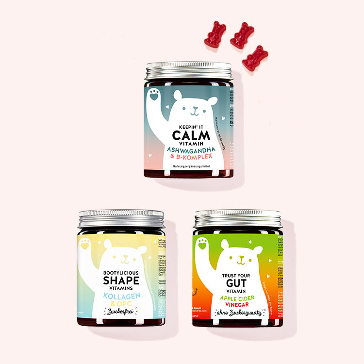 3er Set "Get in Shape Trio" bestehend aus Keepin' It Calm Vitamins mit Ashwagandha und Vitamin B-Komplex, den Trust Your Gut Vitamins mit Apfelessig und den Bootylicious Shape Vitamins mit Kollagen und OPC von Bears with Benefits