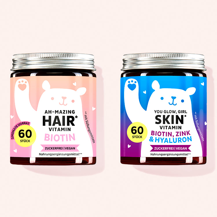 2er Set Duo für strapazierte Haut und Haare von Bears with Benefits bestehend aus den Ah-Mazing Hair Vitaminen mit Biotin und den You Glow, Girl Vitaminen mit Hyaluron.