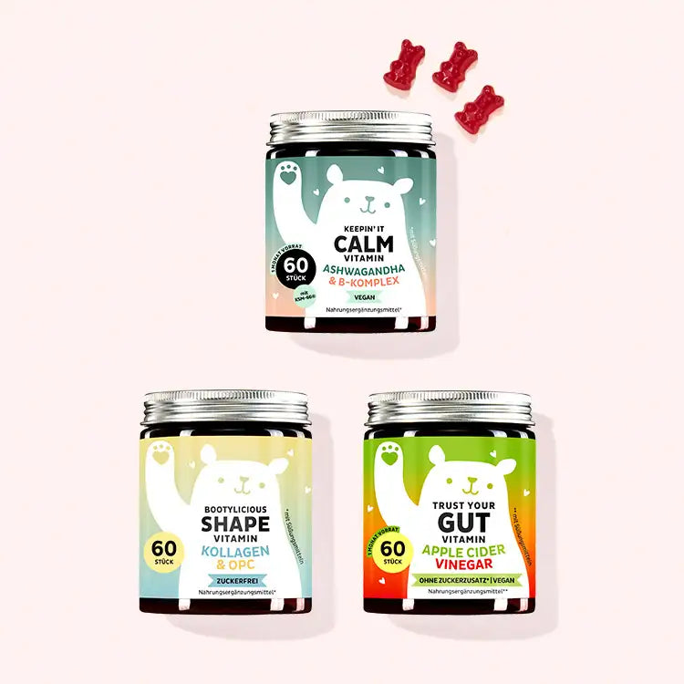 3er Set "Get in Shape Trio" bestehend aus Keepin' It Calm Vitamins mit Ashwagandha und Vitamin B-Komplex, den Trust Your Gut Vitamins mit Apfelessig und den Bootylicious Shape Vitamins mit Kollagen und OPC von Bears with Benefits