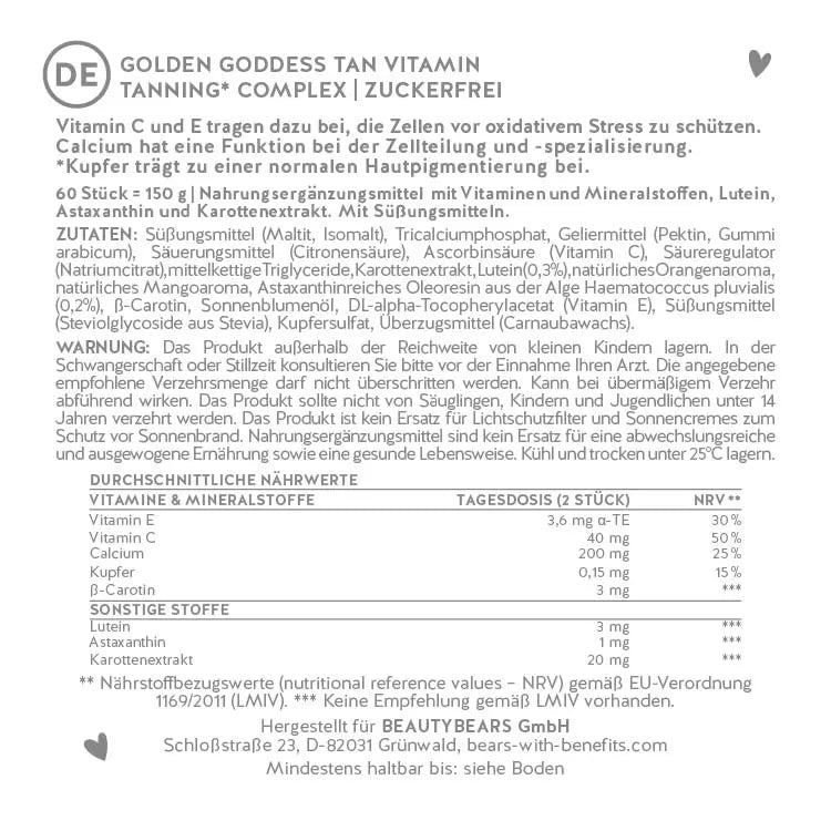 Eine Übersicht über die Inhaltsstoffe von Golden Goddess Tan. Ein Nahrungsergänzungsmittel mit Kupfer was zu normaler Hautpigmentierung beiträgt. 