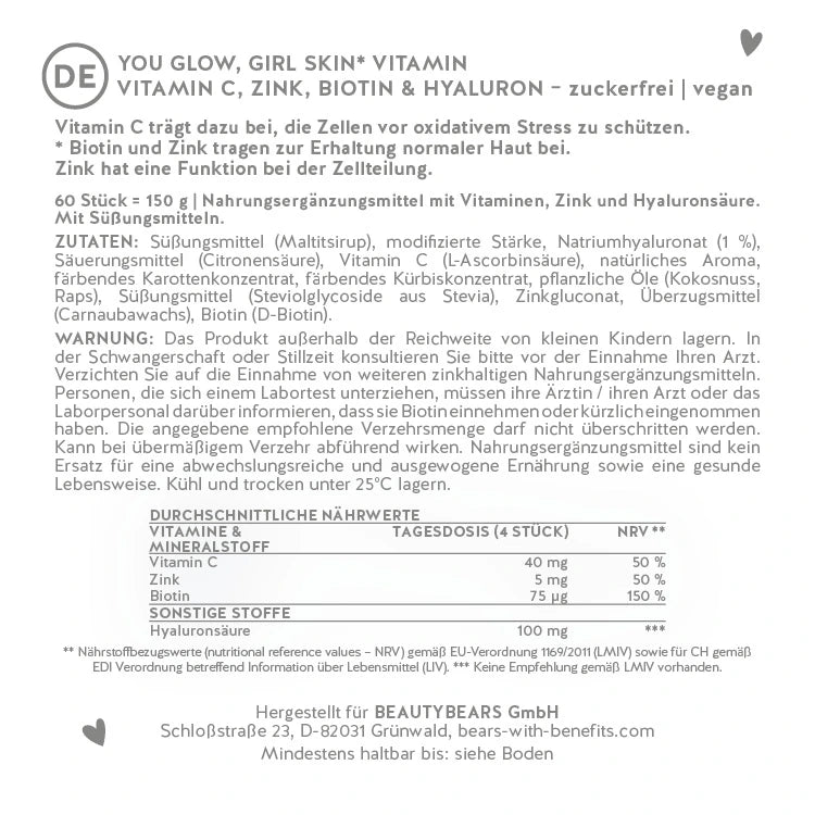 Hier ist das Etikett der You Glow, Girl Skin* Vitamin mit Hyaluronsäure, Zink und Biotin abgebildet. Darauf stehen die Zutatenliste sowie die Nährwertangaben des Produkts.