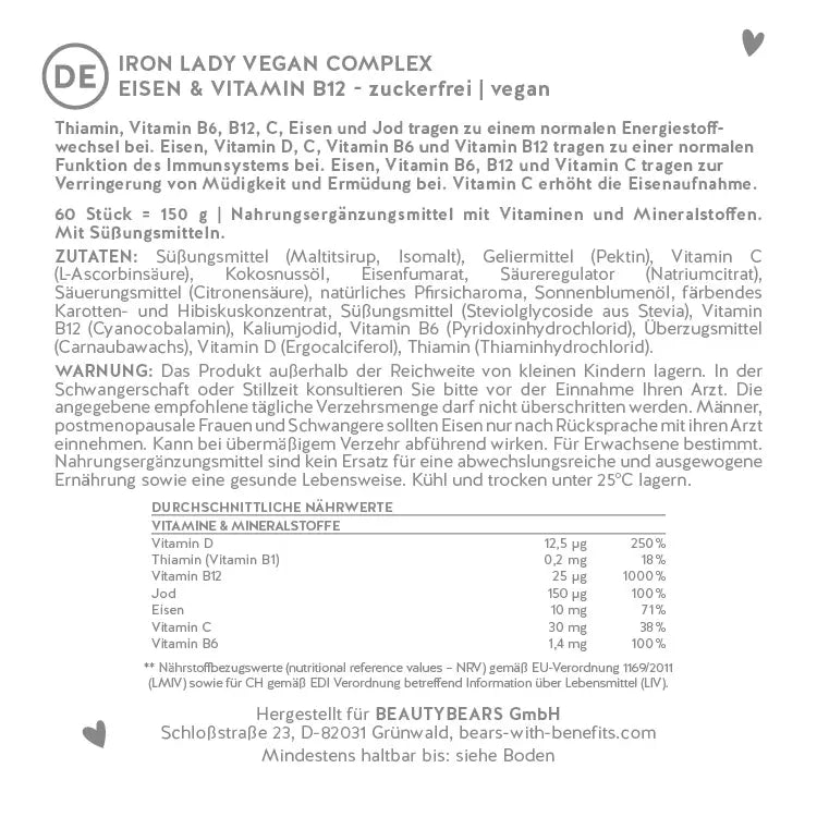 Hier siehst Du die Nährstoffliste von Iron Lady Vegan Complex. Das Nahrungsergänzungsmittel in Gummibärchenform