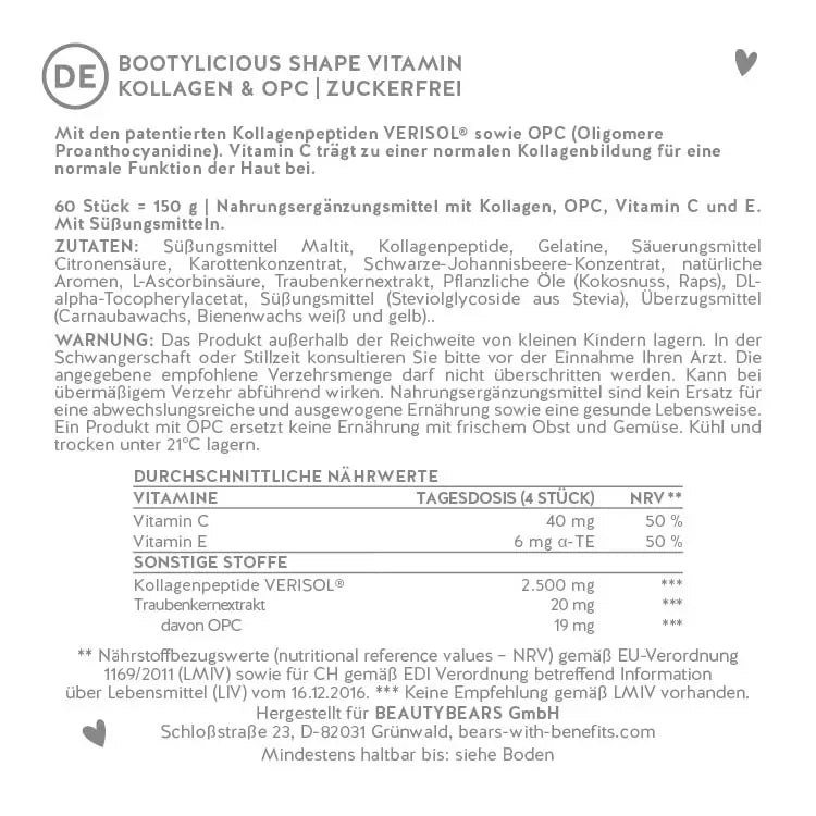 Hier findest Du die Inhaltsstoffliste unserer Bootylicius Shape Bärchen.