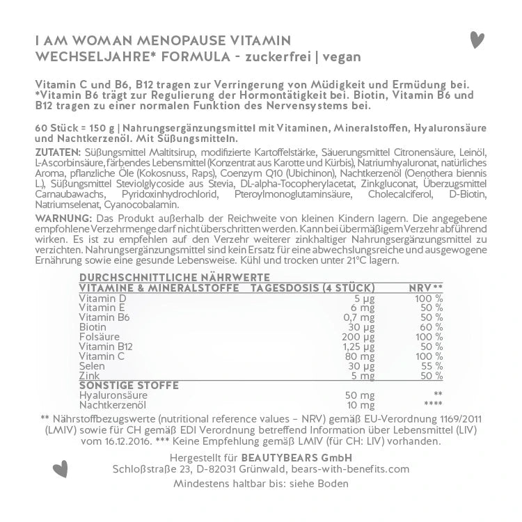 Hier ist das Etikett der I Am Woman Manopause Vitamin mit Vitamin B6, B12, C, D, E, Biotin, Folsäure, Selen, Zink, Hyaluronsäure und Nachtkerznöl abgebildet. Darauf stehen die Zutatenliste sowie die Nährwertangaben des Produkts.