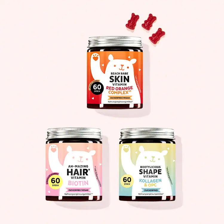 3er Set "Sommer Starter Kit" bestehend aus Ah-mazing Hair Vitamins mit Biotin, den Beach Babe Skin Vitamins mit Vitamin C und E und den Bootylicious Shape Vitamins mit Kollagen und OPC von Bears with Benefits