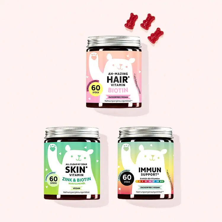 3er Set " Starter Kit: Trio für Haar, Haut & Wohlbefinden" bestehend aus den Ah-mazing Hait Vitamins zuckerfrei mit Biotin, den One Bear A Day Vitamins mit Immunkomplex und den All Clear My Dear Vitamins mit Hanfsamenöl und Zink von Bears with Benefits