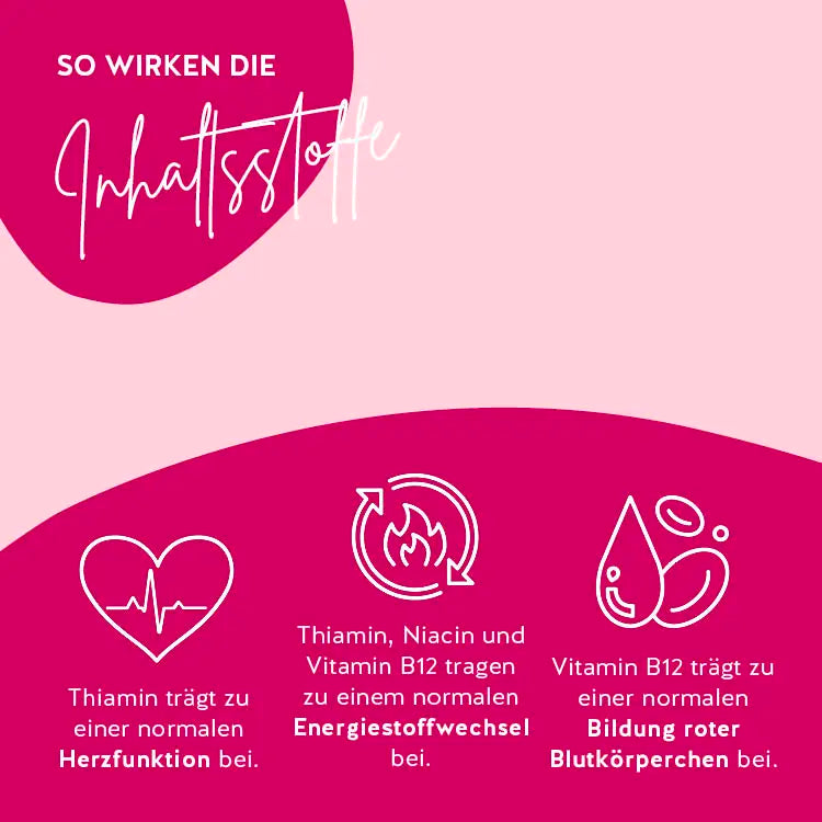 Make My Heart Beet mit Rote Bete und B-Komplex: Thiamin trägt zu einer normalen Herzfunktion bei; Thiamin, Niacin und Vitamin b12 tragen zu einem normalen Energiestoffwechsel bei; Vitamin B12 trägt zu einer normalen Bildung Blutkörperchen bei.