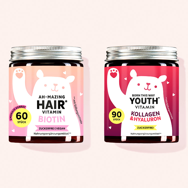 2er Set "Ultimate Hair & Skin Duo" bestehend aus den Ah-mazing Hair Vitamins mit Biotin und den Born This Way Youth Vitamins mit Kollagen und Hyaluronsäure von Bears with Benefits