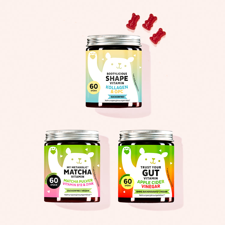 Body and Mind Trio mit My Metabolic Matcha mit Matcha Pulver sowie Bootylicious Shape mit Kollagen und Trust your Gut mit Apfelessig von Bears with Benefits.