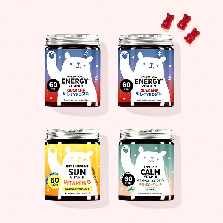 4er Set “No Stress - Focus & Energy Set” bestehend aus den Wake-Up Call Energy Vitamins, Hey Sunshine Sun Vitamins und Keepin’it Calm Vitamins mit Guarana Extrakt, Vitamin B6, Vitamin D und Ashwagandha von Bears with Benefits.