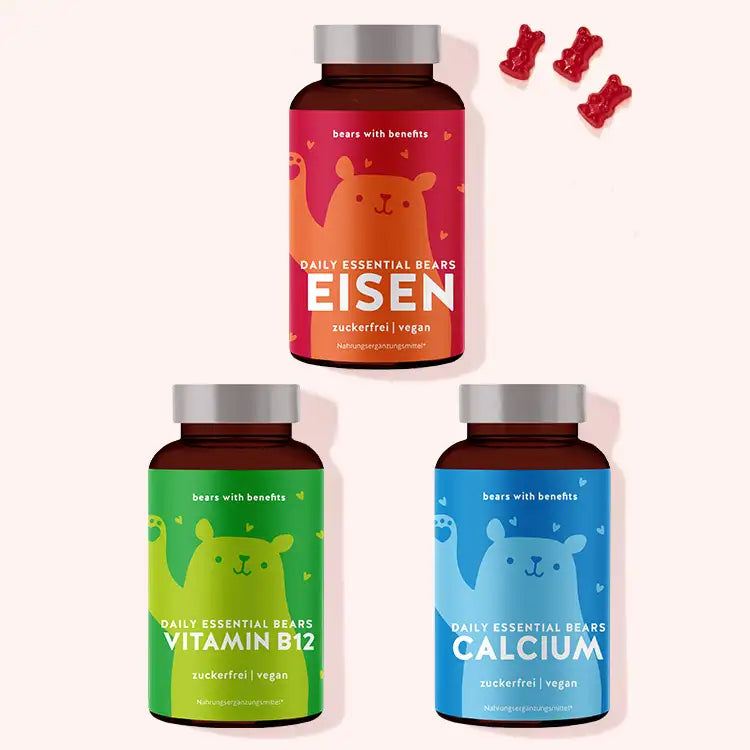 3er Bundle “Vegan Essentials: Vitamin B12, Eisen, Calcium” von Bears with Benefits bestehend aus den Daily Essential Bears Eisen, Daily Essential Bears Vitamin B12 und Daily essential Bears Calcium.