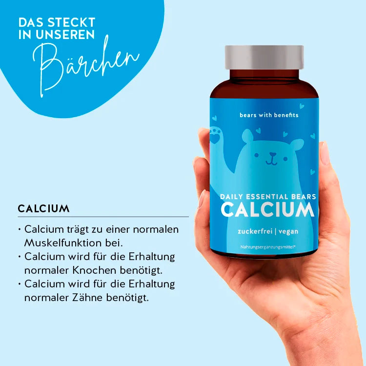 So wirken die Daily Essential Bärchen mit Calcium: Calcium trägt zu einer normalen Muskelfunktion bei, Calcium wird für die Erhaltung normaler Knochen benötigt, Calcium wird für die Erhaltung normaler Zähne benötigt.