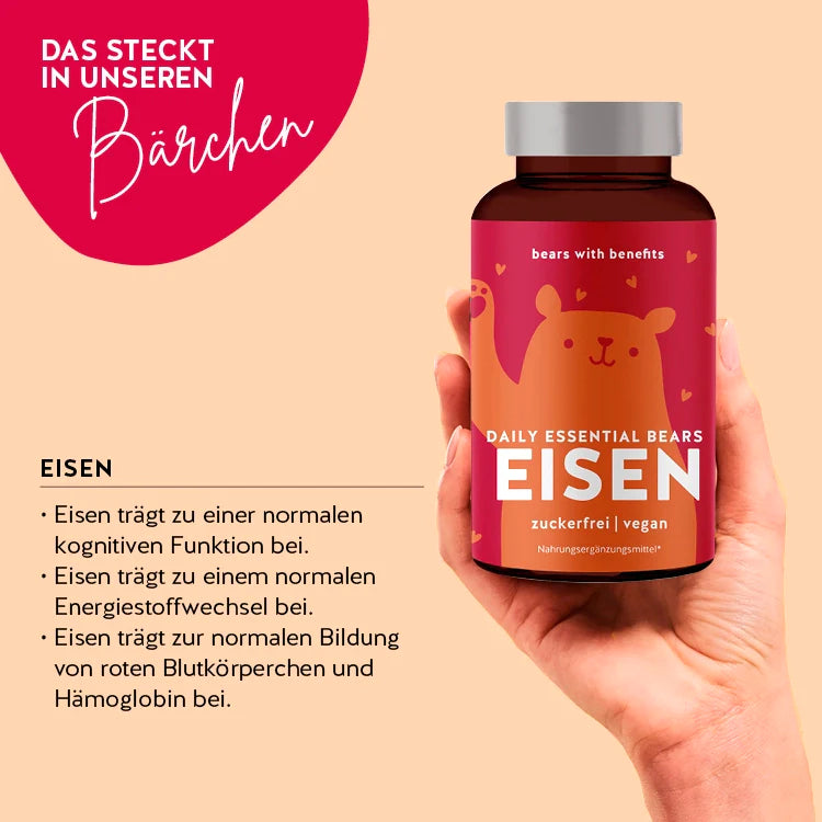 So wirken die Daily Essential Bärchen mit Eisen: Eisen trägt zu einer normalen kognitiven Funktion bei, Eisen trägt zu einem normalen Energiestoffwechsel bei, Eisen trägt zur normalen Bildung von roten Blutkörperchen und Hämoglobin bei.