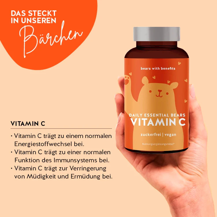 So wirken die Daily Essential Bärchen mit Vitamin C: Vitamin C trägt zu einem normalen Energiestoffwechsel bei, Vitamin C trägt zu einer normalen Funktion des Immunsystems bei, Vitamin C trägt zur Verringerung von Müdigkeit und Ermüdung bei.