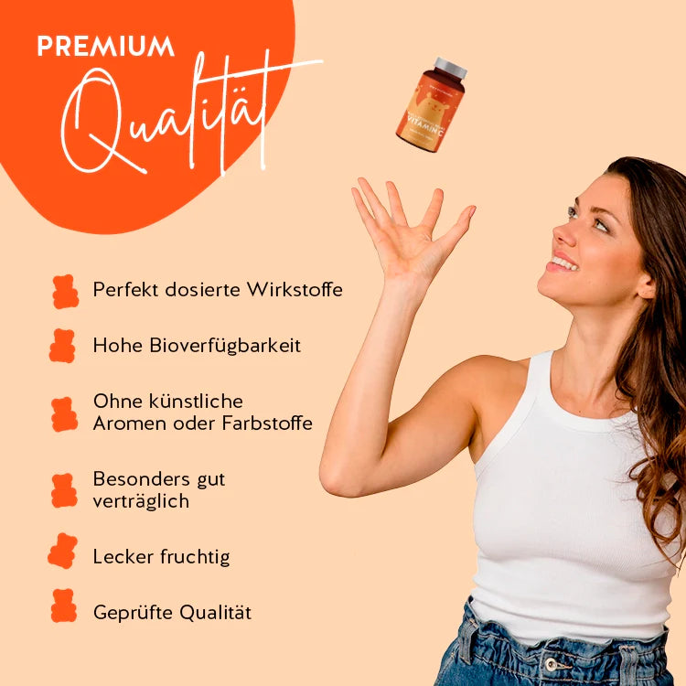 Auf diesem Bild sind die Benefits des Produkts Daily Essential Bears mit Vitamin C von Bears with Benefits dargestellt. Perfekt dosierte Wirkstoffe, hohe Bioverfügbarkeit, ohne künstliche Aromen oder Farbstoffe, besonders gut verträglich, lecker fruchtig und geprüfte Qualität.