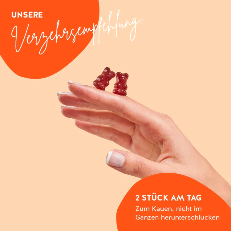 Auf diesem Bild ist die Verzehrempfehlung für die Daily Essental Bears mit Vitamin C dargestellt. 2 Stück am Tag - zum Kauen, nicht im Ganzen herunterschlucken.